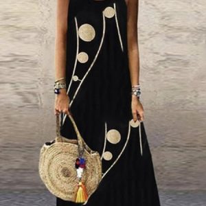 Women's Casual Spaghetti Polka Dots Sleeveless A-line Dress, Maxi, color:Black|size:S, Noracora