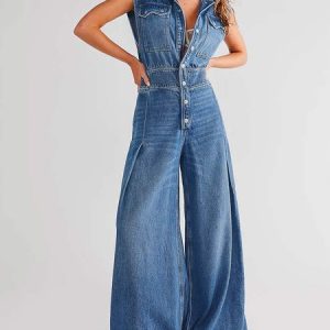 Denim Regular Fit Casual Others Jumpsuit, DENIM, color:Blue|size:XXL, Stylewe