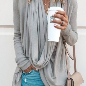 Spring/Fall Cowl Neck Asymmetrical Solid Casual T-shirt, T-shirts, color:Light Gray|size:XXL, Noracora
