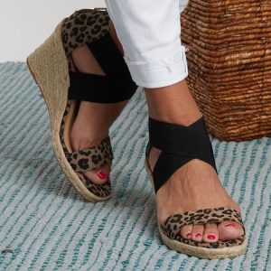 JFN  Leopard-Print Stretch-Weave Wedge Heels, Sandals, color:Black|size:US 11, JustFashionNow