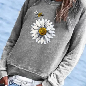 Long Sleeve Crew Neck Floral-Print Cotton-Blend Shirts & Tops, Hoodies & Sweatshirts, color:Gray|size:L, Noracora