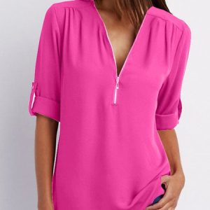 JFN V Neck Solid Zipper Casual Blouse, Shirts & Blouses, color:Rose|size:XXL, JustFashionNow