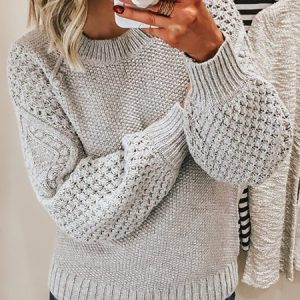 Women Knitted Solid Long Sleeve Comfy Casual Sweater, Sweaters, color:Light Gray|size:XXL, Noracora