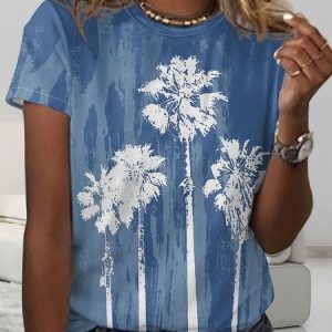 Women's Summer Coconut Tree Art Print  Casual Crew Neck Shirt, color:As Picture|size:4XL, Lilicloth.com