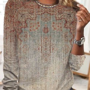 Casual Ethnic Crew Neck Long Sleeve T-shirt, T-shirts, color:Khaki|size:3XL, Noracora