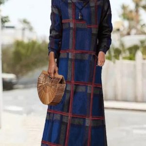 Women Plaid Turtleneck Long Sleeve Comfy Casual Midi Dress, Midi, color:Blue|size:3XL, Noracora
