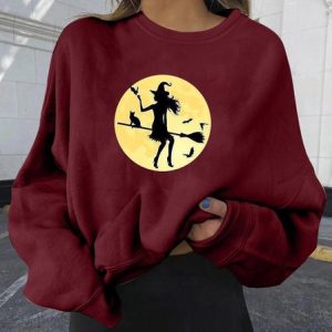 Casual Crew Neck Halloween Sweatshirt, Hoodies & Sweatshirts, color:Wine Red|size:XXL, Noracora