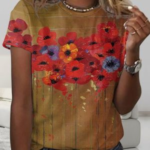 Women's Flower Art Print Casual Crew Neck Shirt, color:As Picture|size:4XL, Lilicloth.com