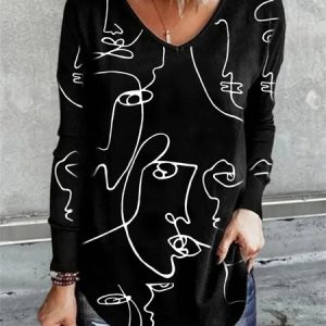 Casual Face V Neck Long Sleeve T-shirt, T-shirts, color:Black|size:3XL, Noracora