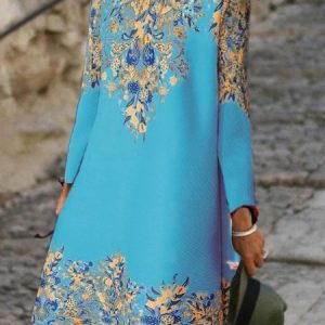 Women Ethnic Turtleneck Long Sleeve Comfy Casual Midi Dress, Midi, color:Sky Blue|size:3XL, Noracora