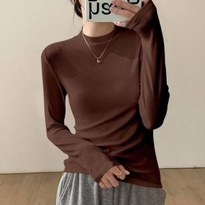 Casual Plain Crew Neck Long Sleeve T-shirt, T-shirts, color:Coffee|size:3XL, Noracora