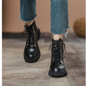 Casual Plain Lace-Up Flat Heel Riding Boots, Boots, color:Black|size:40, Noracora