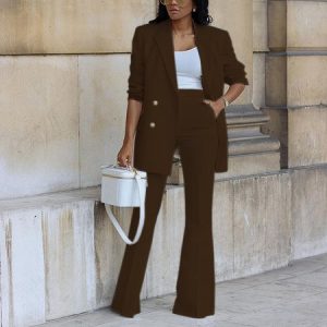 Women Plain Lapel Collar Long Sleeve Comfy Casual Buckle Coat With Pants Two-Piece Set, Sets, color:Coffee|size:3XL, Noracora