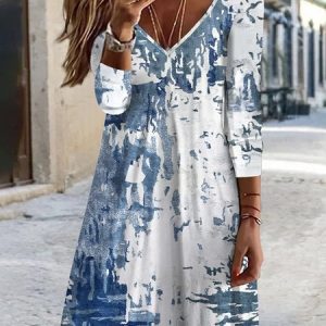 Women Abstract V Neck Long Sleeve Comfy Casual Midi Dress, Midi, color:white-blue|size:3XL, Noracora