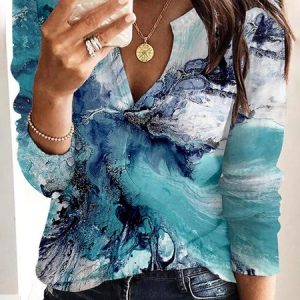 Casual Abstract Notched Long Sleeve T-shirt, T-shirts, color:Blue|size:3XL, Noracora