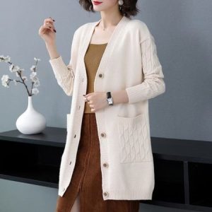 Plain Long Sleeve Casual Buckle Pockets Cardigan, Sweaters, color:Apricot|size:4XL, JustFashionNow