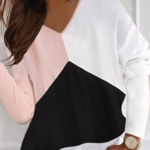 Casual Color Block V Neck Long Sleeve T-shirt, T-shirts, color:Pink|size:3XL, Noracora