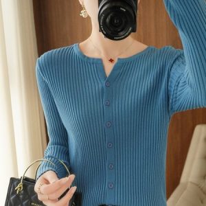 Women Wool/Knitting Plain Long Sleeve Comfy Casual Buckle Cardigan, Cardigans, color:Blue|size:3XL, Noracora