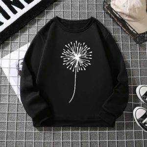 Casual Crew Neck Dandelion Sweatshirt, Hoodies & Sweatshirts, color:Black|size:3XL, Noracora