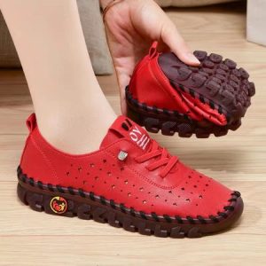 Casual Plain Lace-Up Flat Heel Shallow Shoes Hollow Out, Flats/Loafers, color:Red|size:43, Noracora