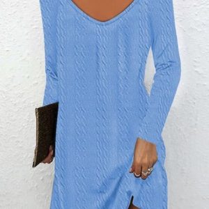 Women Plain V Neck Long Sleeve Comfy Casual Maxi Dress, Maxi, color:Blue|size:XXL, Noracora