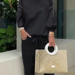Women Color Block Crew Neck Long Sleeve Comfy Casual Top With Pants Two-Piece Set, Sets, color:Black|size:4XL, Noracora
