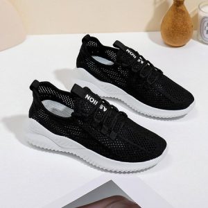 Casual Plain Lace-Up Block Heel Fly Woven Shoes, Sneakers&Athletic, color:Black|size:40, Noracora