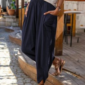 Casual Plain Natural Long Pocket Stitching Harem Pants, Pants, color:Purplish blue|size:3XL, Noracora