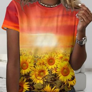 Women’s Sunflower Sunrise Print Casual Crew Neck T-Shirt, T-shirts, Lilicloth.com