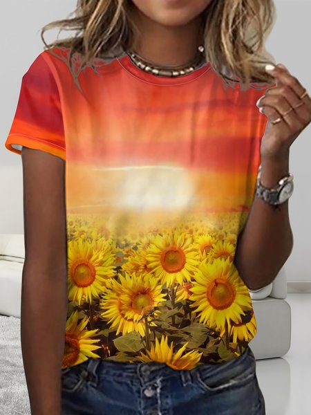 Women’s Sunflower Sunrise Print Casual Crew Neck T-Shirt, color:Red|size:4XL, Lilicloth.com