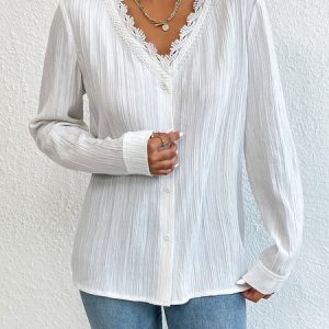 V Neck Long Sleeve Plain Lace Edge Regular Loose Blouse For Women, Shirts, color:White|size:XL, Noracora