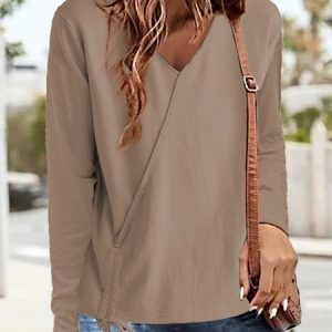 V Neck Long Sleeve Plain Drawstring Regular Micro-Elasticity Regular Fit Shirt For Women, Blouses, color:Khaki|size:4XL, Noracora