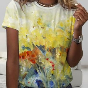 Women's Flower Art Print  Crew Neck Casual Shirt, T-shirts, Lilicloth.com
