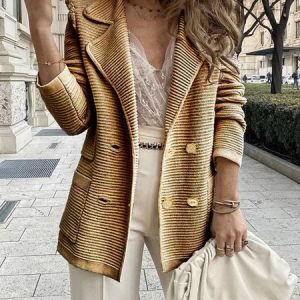 Lapel Collar Long Sleeve Plain Buckle Regular Micro-Elasticity Loose Blazer For Women, Blazers, color:Deep Brown|size:XXL, Noracora