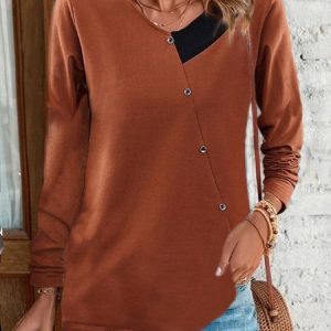 Casual Color Block Crew Neck Long Sleeve T-shirt, T-shirts, color:Coffee|size:5XL, Noracora