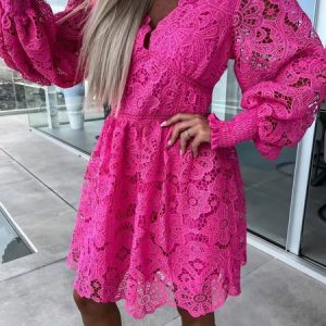 Women Lace V Neck Long Sleeve Comfy Party Lace Short Dress, Dresses, color:Deep Pink|size:XXL, Noracora
