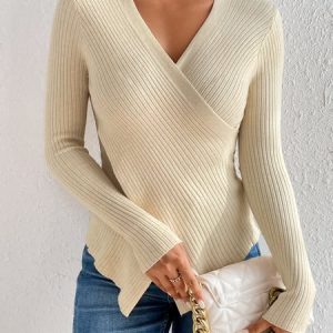 Women Wool/Knitting Plain Long Sleeve Comfy Casual Sweater, Sweaters, color:Beige|size:L, Noracora