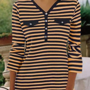 Casual Striped V Neck Long Sleeve T-shirt, T-shirts, color:Yellow|size:5XL, Noracora