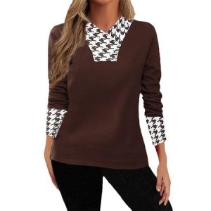 Casual Color Block V Neck Long Sleeve T-shirt, T-shirts, color:Deep Brown|size:4XL, Noracora