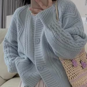 Women Yarn/Wool Yarn Plain Long Sleeve Comfy Casual Buckle Cardigan, Cardigans, color:Blue|size:One-size, Noracora