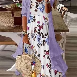 Women Floral V Neck Short Sleeve Comfy Casual Coat With Skirt Two-Piece Set, Sets, color:As Picture|size:3XL, Noracora