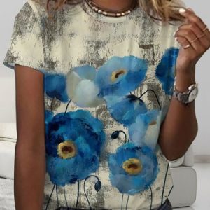 Women's Art Flower Print Crew Neck Casual Shirt, color:As Picture|size:4XL, Lilicloth.com