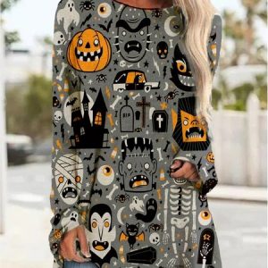 Casual Halloween Crew Neck Long Sleeve T-shirt, T-shirts, color:Deep Gray|size:3XL, Noracora