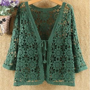 Three Quarter Sleeve Floral Lace-up Regular Loose Kimono For Women, Kimono, color:Green|size:XL, Noracora