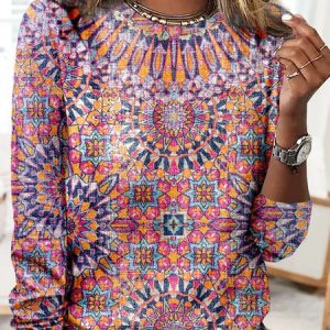 Casual Ethnic Crew Neck Long Sleeve T-shirt, T-shirts, color:Multicolor|size:3XL, Noracora