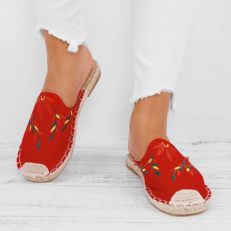 JFN Women Fashion Embroidered Espadrille Flat Slipper Shoes, Slippers, color:Red|size:10.5, JustFashionNow