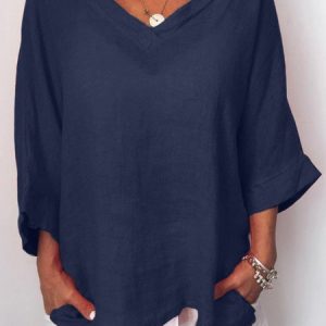 Casual Solid V Neck 3/4 Sleeve Blouses, Shirts & Blouses, color:Royal Blue|size:XXL, JustFashionNow