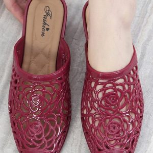 Waterproof PVC Hollow Flower Chunky Heel Mules, Slippers, color:Wine Red|size:40, JustFashionNow