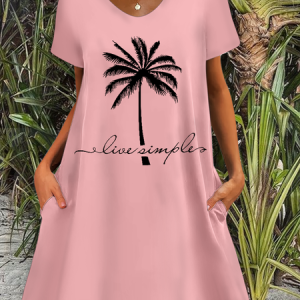 Women's Casual Loose Coconut Tree Dress, color:Pink|size:3XL, Lilicloth.com