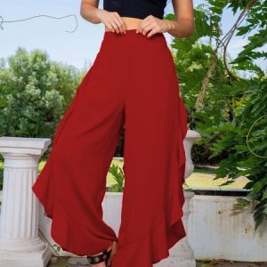 Casual Plain High Waist Long Bell-Bottomtrousers, Pants, color:Wine Red|size:XXL, Noracora